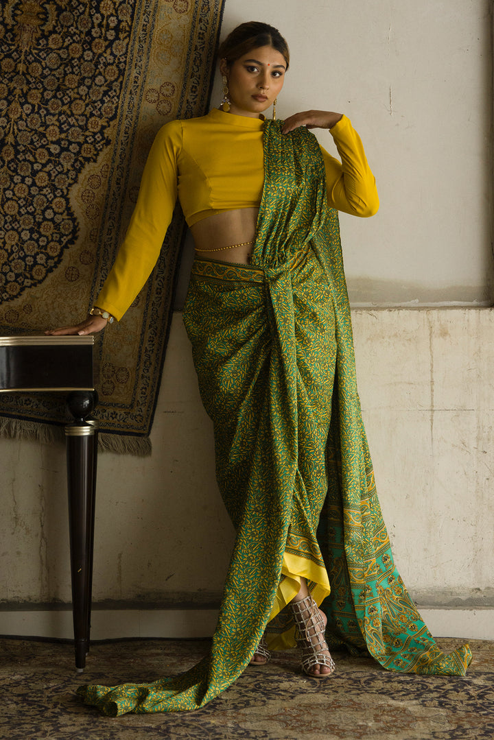 Green Pre draped Saree