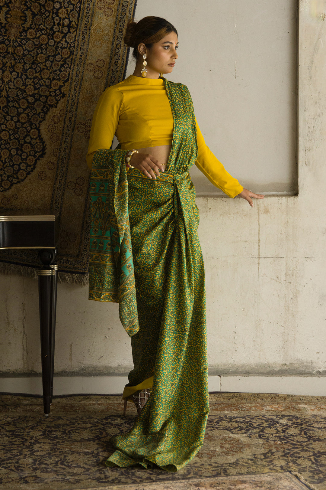 Green Pre draped Saree