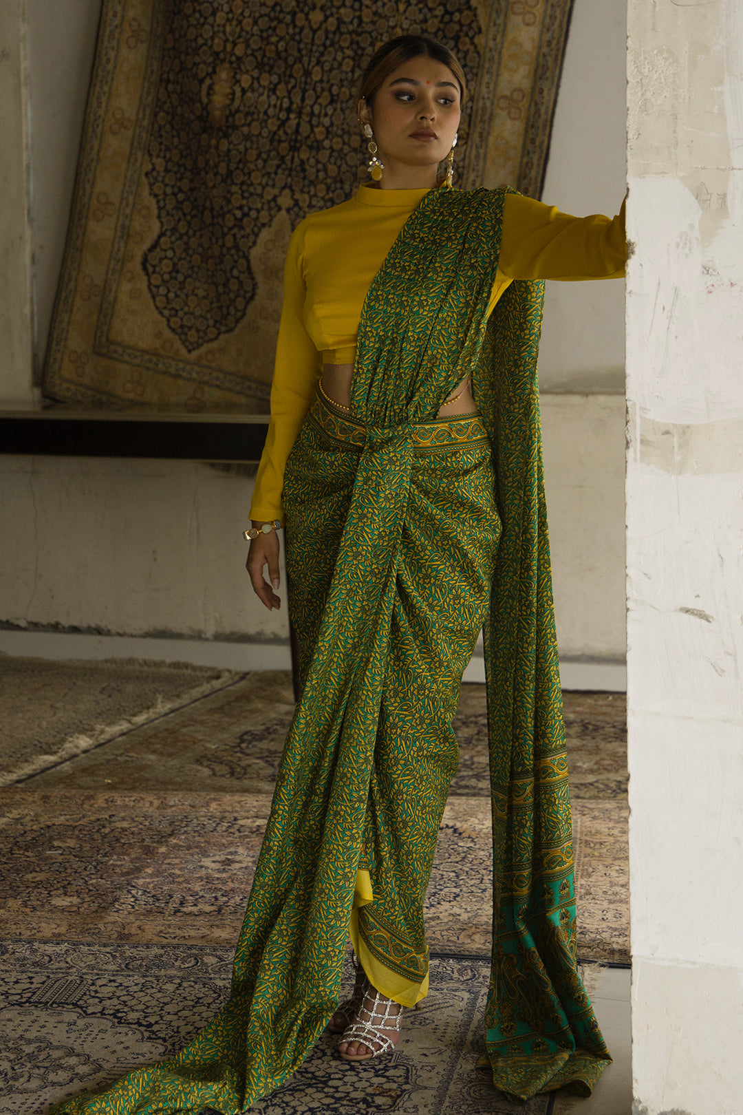 Green Pre draped Saree