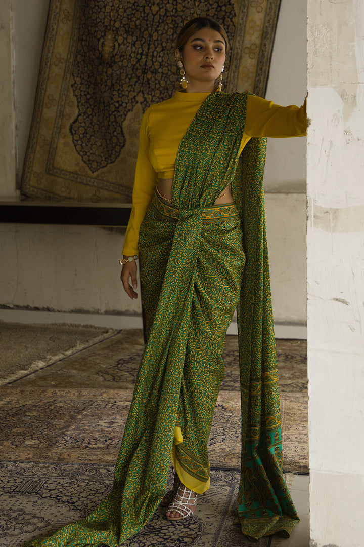 Green Pre draped Saree