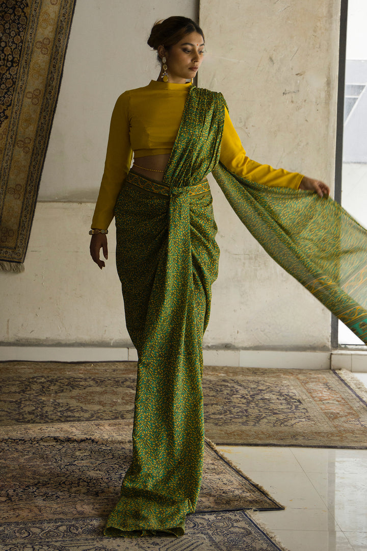 Green Pre draped Saree