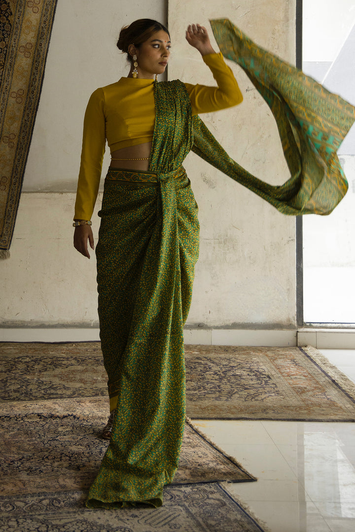 Green Pre draped Saree