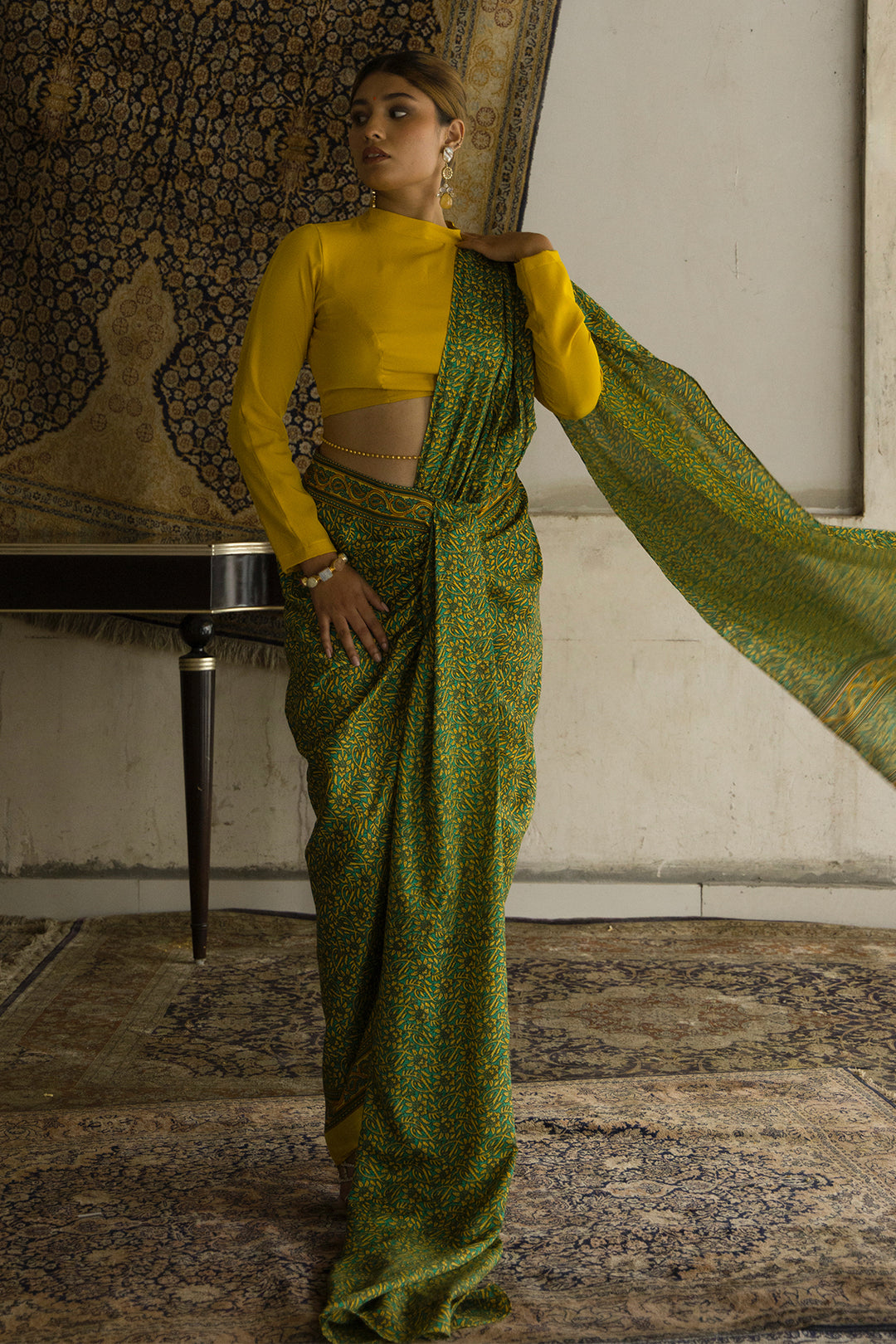 Green Pre draped Saree